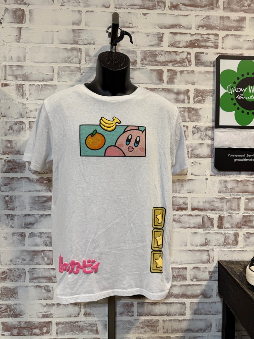 White Kirby Graphic Tee with Pink Character & Yellow Accents medium